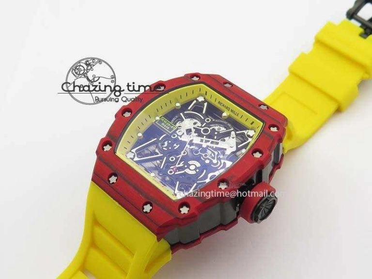 RM 035-2 Red Carbon Yellow Inner Bezel Skeleton Dial On Yellow Rubber Strap MIYOTA9015