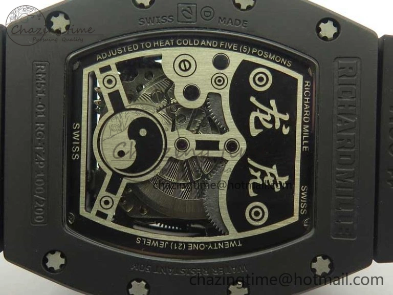 RM 51-01 Black Ceramic Tiger & Dragon KVF Best Edition on Black Rubber Strap MIYOTA8215