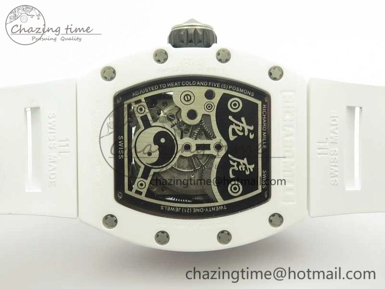 RM 51-01 White Ceramic Tiger & Dragon KVF Best Edition on White Rubber Strap MIYOTA8215