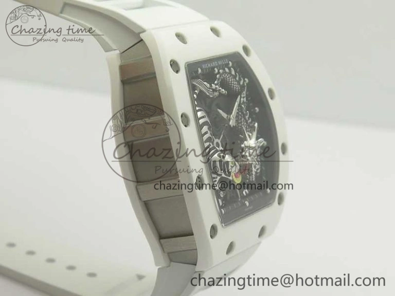 RM 51-01 White Ceramic Tiger & Dragon KVF Best Edition on White Rubber Strap MIYOTA8215