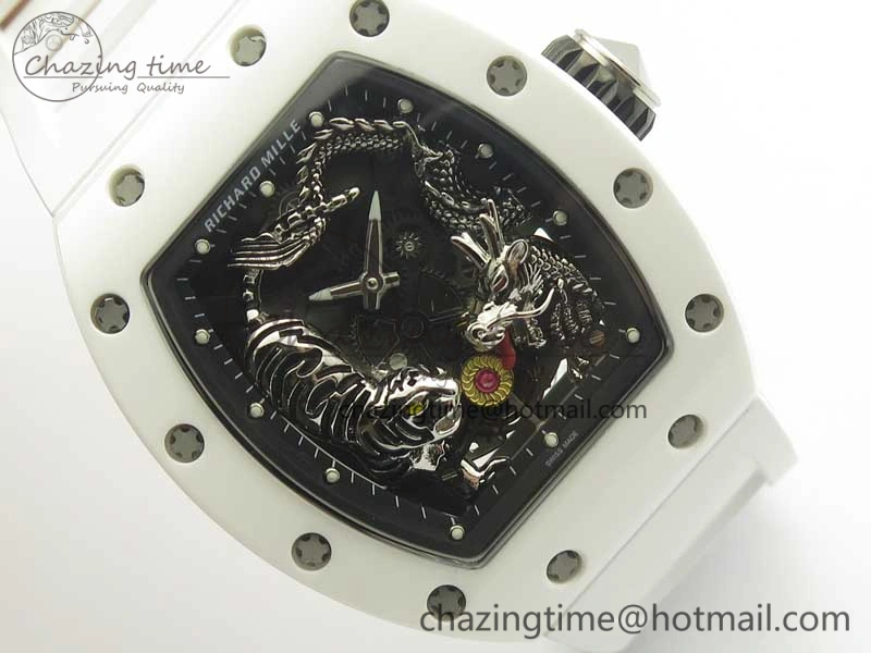 RM 51-01 White Ceramic Tiger & Dragon KVF Best Edition on White Rubber Strap MIYOTA8215