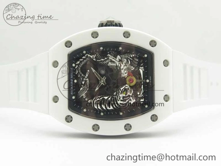 RM 51-01 White Ceramic Tiger & Dragon KVF Best Edition on White Rubber Strap MIYOTA8215