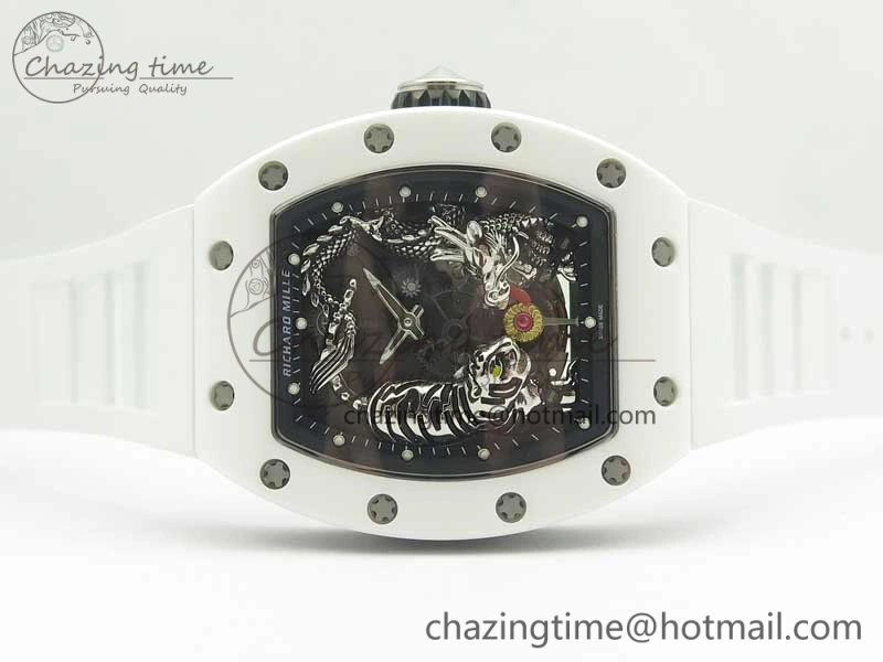 RM 51-01 White Ceramic Tiger & Dragon KVF Best Edition on White Rubber Strap MIYOTA8215