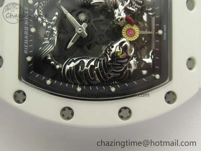 RM 51-01 White Ceramic Tiger & Dragon KVF Best Edition on White Rubber Strap MIYOTA8215