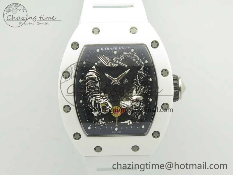 RM 51-01 White Ceramic Tiger & Dragon KVF Best Edition on White Rubber Strap MIYOTA8215