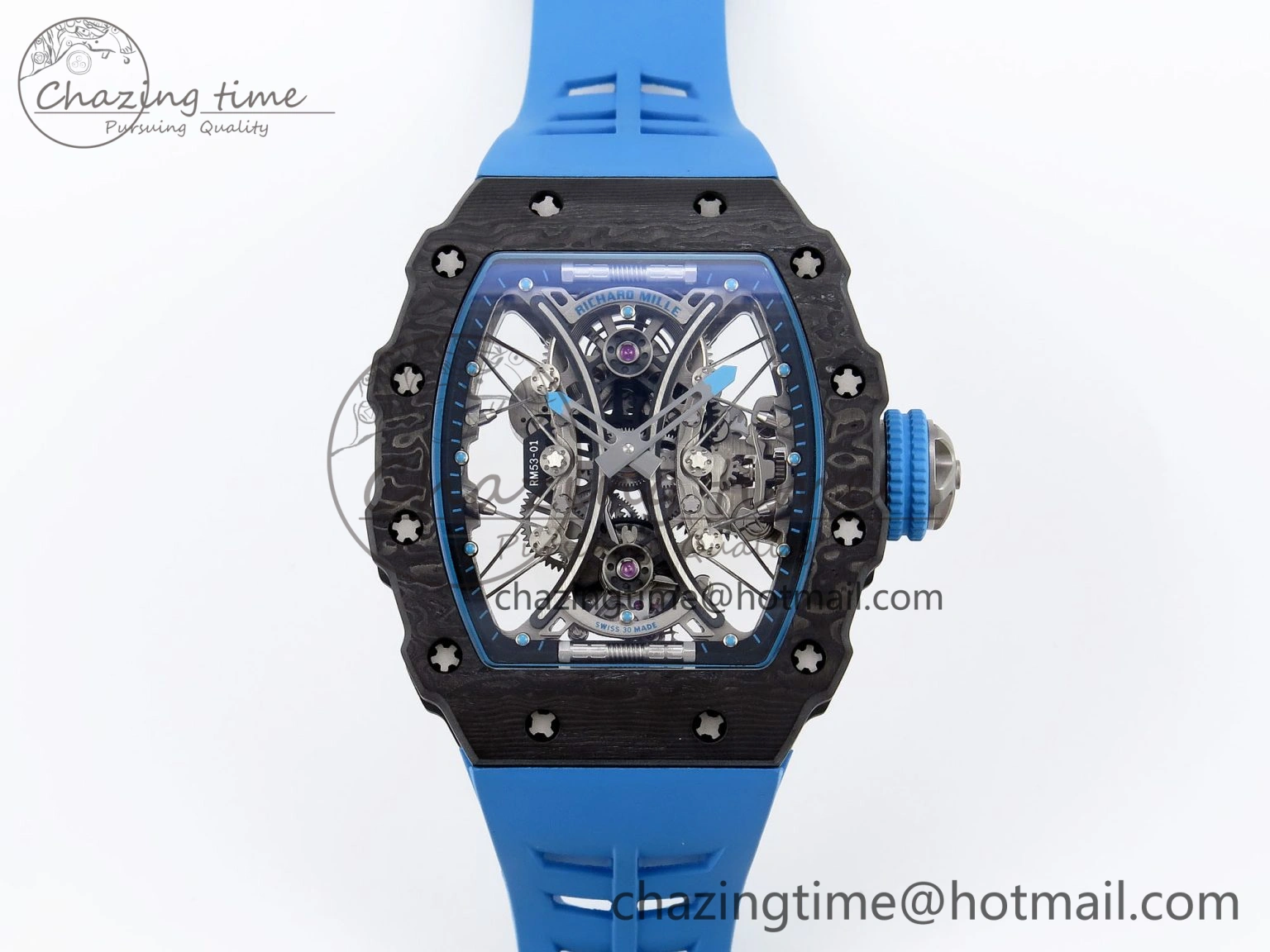 RM 53-01 Real Tourbillon Pablo Mac Donough 3KF Best Edition on Blue Rubber Strap