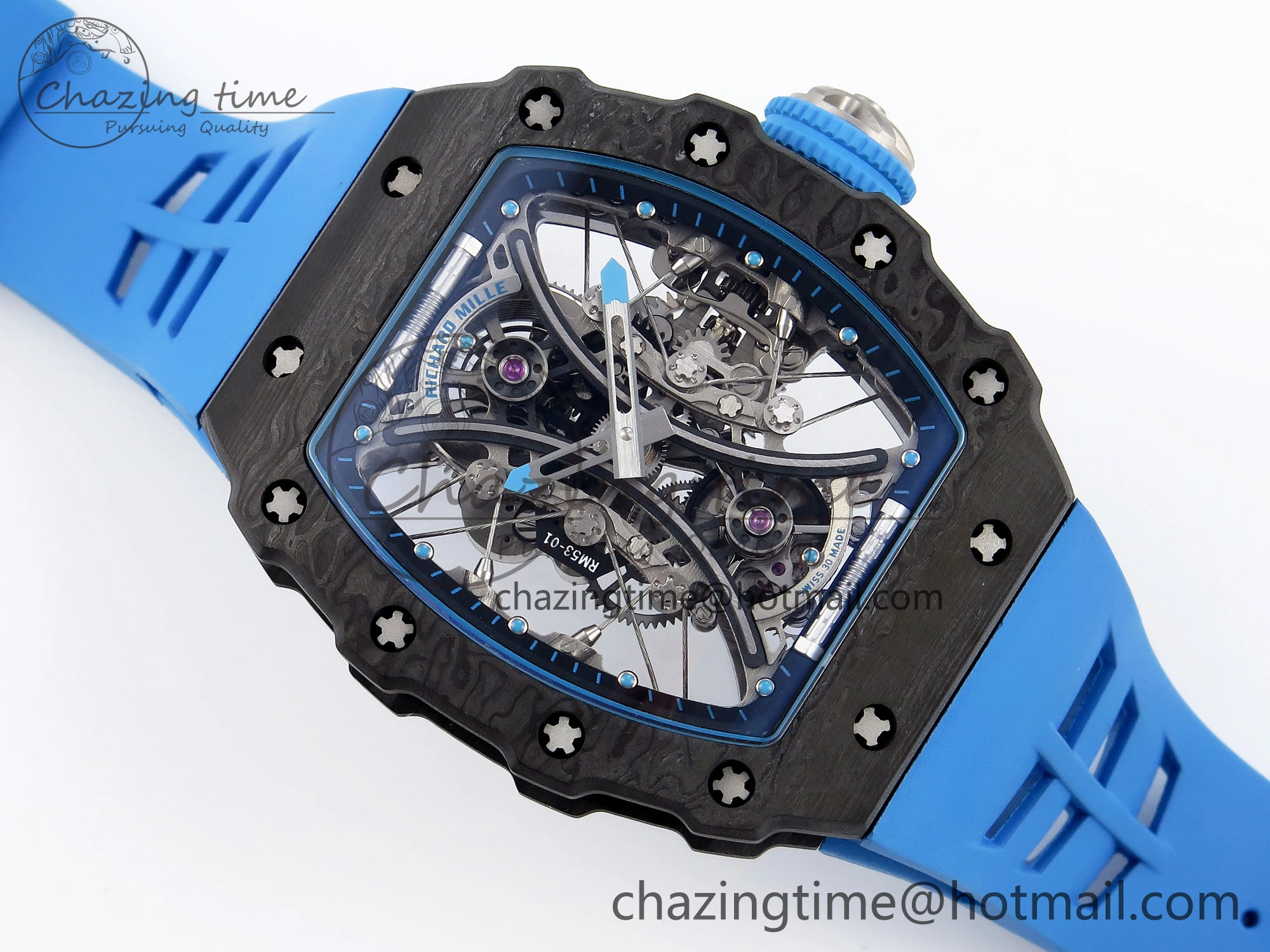 RM 53-01 Real Tourbillon Pablo Mac Donough 3KF Best Edition on Blue Rubber Strap