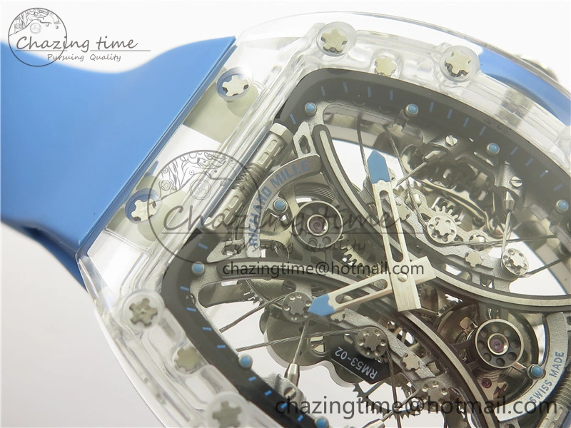 RM 53-01 Transparent Case Real Tourbillon Pablo Mac Donough JBF Best Edition on Blue Rubber Strap V2