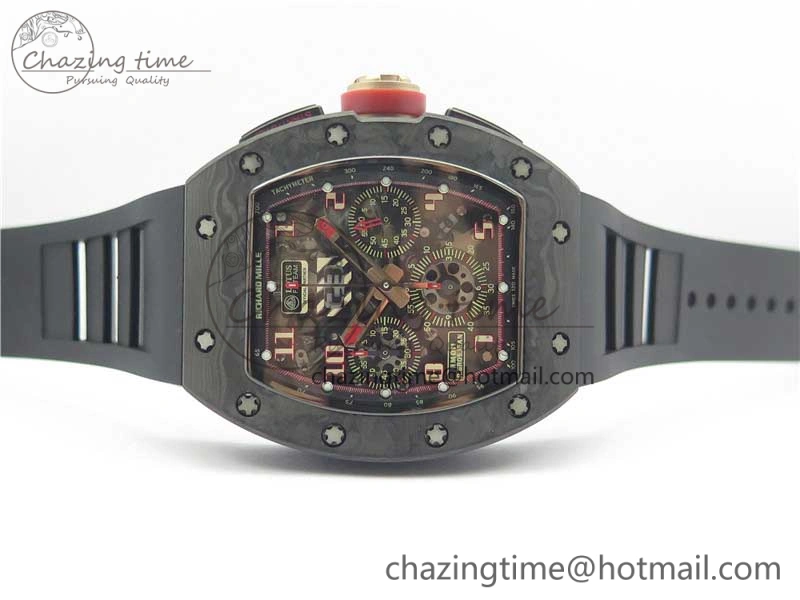 RM011 Carbon Case Carbon Bezel Chronograph KVF 1:1 Best Edition Skeleton Dial Red RG on Black Rubber Strap A7750 V2