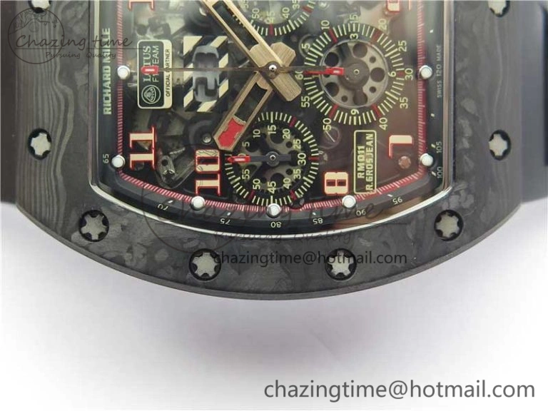 RM011 Carbon Case Carbon Bezel Chronograph KVF 1:1 Best Edition Skeleton Dial Red RG on Black Rubber Strap A7750 V2