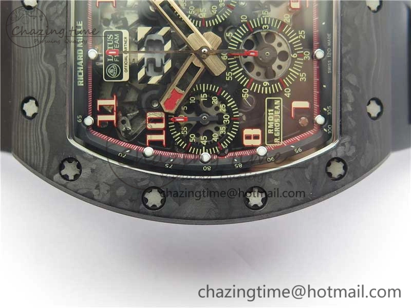 RM011 Carbon Case Carbon Bezel Chronograph KVF 1:1 Best Edition Skeleton Dial Red RG on Black Rubber Strap A7750 V2