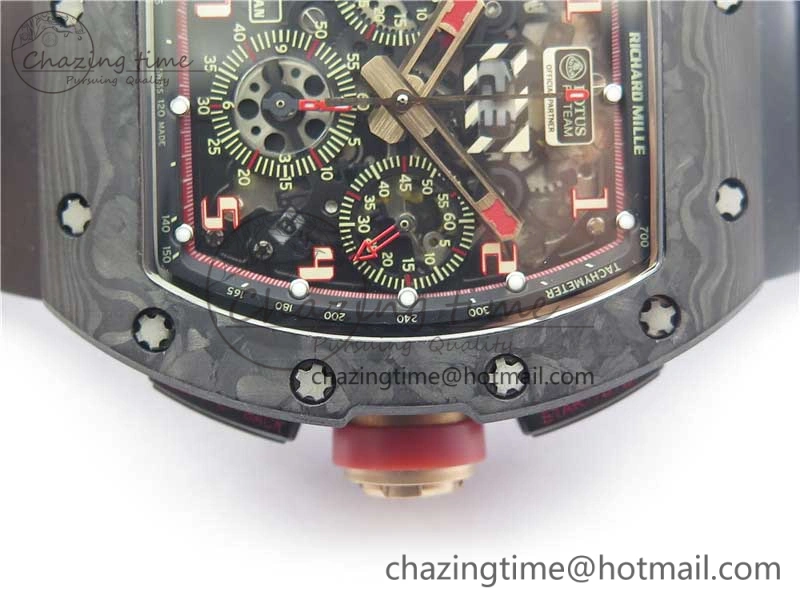 RM011 Carbon Case Carbon Bezel Chronograph KVF 1:1 Best Edition Skeleton Dial Red RG on Black Rubber Strap A7750 V2