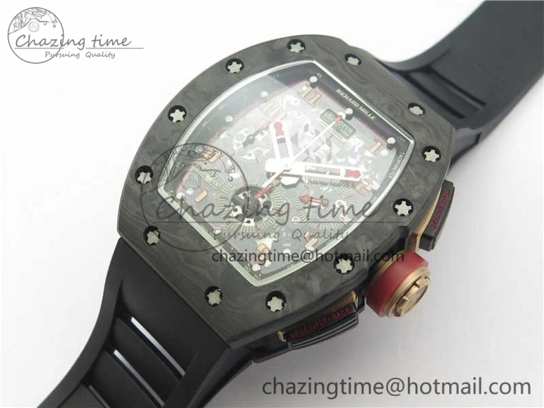 RM011 Carbon Case Carbon Bezel Chronograph KVF 1:1 Best Edition Skeleton Dial Red RG on Black Rubber Strap A7750 V2