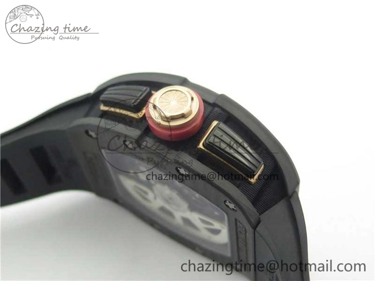 RM011 Carbon Case Carbon Bezel Chronograph KVF 1:1 Best Edition Skeleton Dial Red RG on Black Rubber Strap A7750 V2