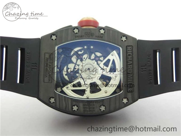 RM011 Carbon Case Carbon Bezel Chronograph KVF 1:1 Best Edition Skeleton Dial Red RG on Black Rubber Strap A7750 V2