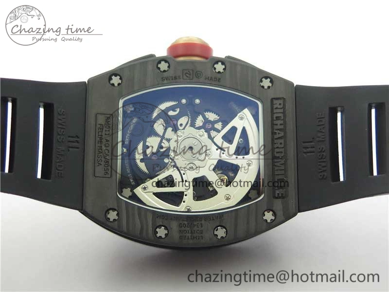 RM011 Carbon Case Carbon Bezel Chronograph KVF 1:1 Best Edition Skeleton Dial Red RG on Black Rubber Strap A7750 V2