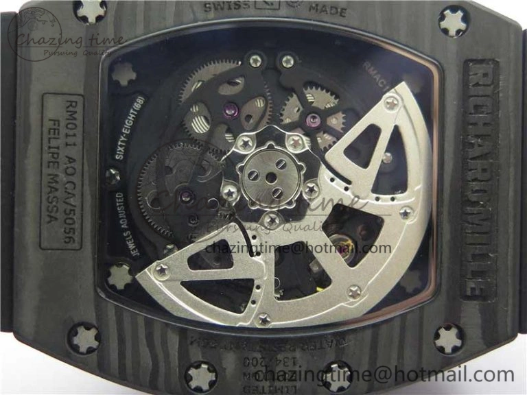RM011 Carbon Case Carbon Bezel Chronograph KVF 1:1 Best Edition Skeleton Dial Red RG on Black Rubber Strap A7750 V2