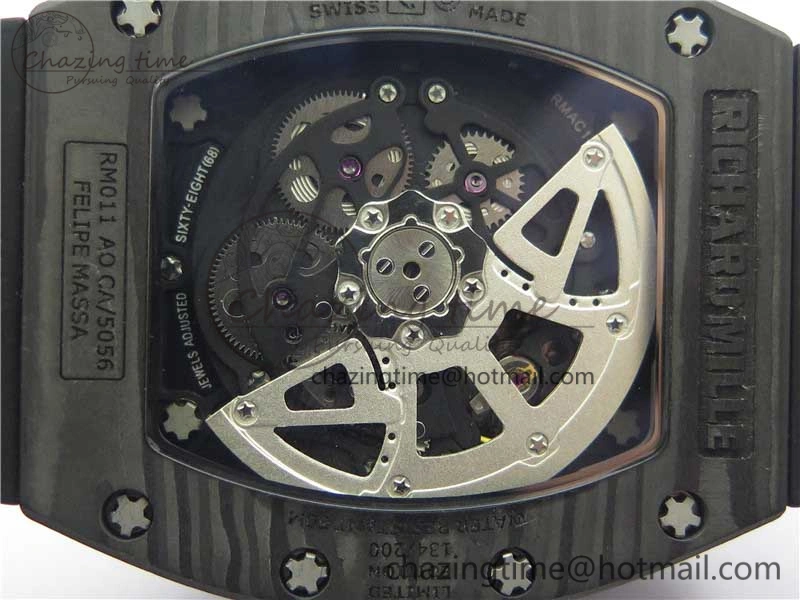 RM011 Carbon Case Carbon Bezel Chronograph KVF 1:1 Best Edition Skeleton Dial Red RG on Black Rubber Strap A7750 V2