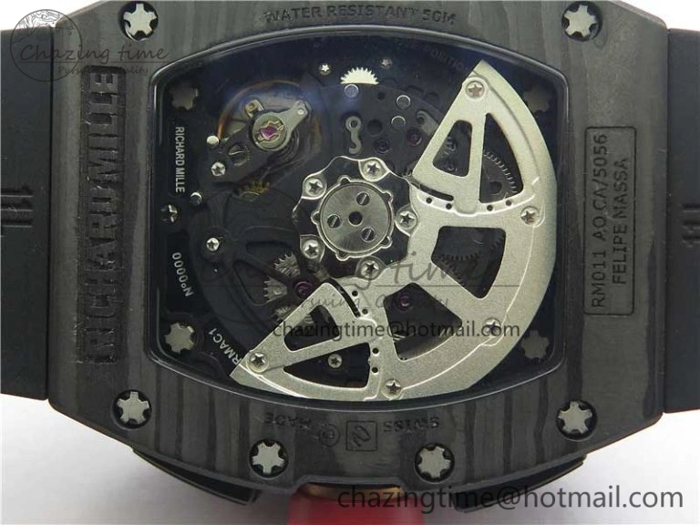 RM011 Carbon Case Carbon Bezel Chronograph KVF 1:1 Best Edition Skeleton Dial Red RG on Black Rubber Strap A7750 V2