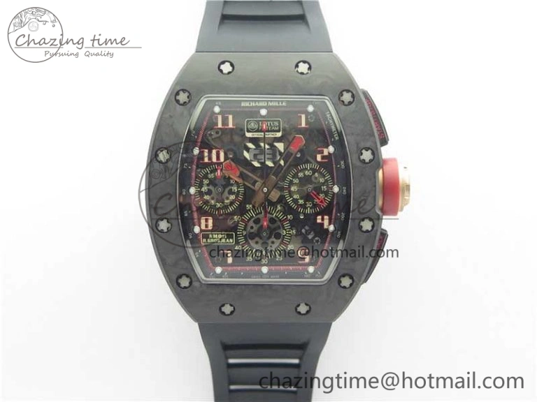 RM011 Carbon Case Carbon Bezel Chronograph KVF 1:1 Best Edition Skeleton Dial Red RG on Black Rubber Strap A7750 V2