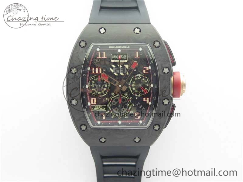 RM011 Carbon Case Carbon Bezel Chronograph KVF 1:1 Best Edition Skeleton Dial Red RG on Black Rubber Strap A7750 V2