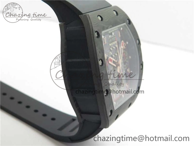 RM011 Carbon Case Carbon Bezel Chronograph KVF 1:1 Best Edition Skeleton Dial Red RG on Black Rubber Strap A7750 V2