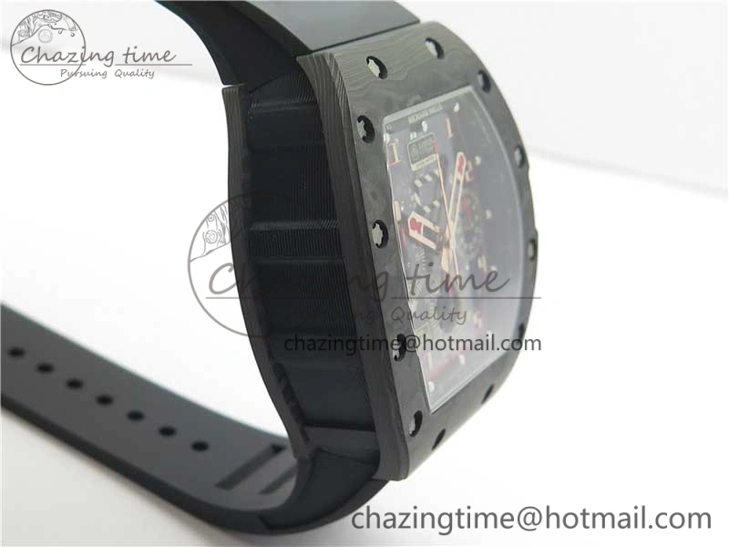 RM011 Carbon Case Carbon Bezel Chronograph KVF 1:1 Best Edition Skeleton Dial Red RG on Black Rubber Strap A7750 V2
