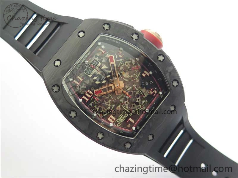 RM011 Carbon Case Carbon Bezel Chronograph KVF 1:1 Best Edition Skeleton Dial Red RG on Black Rubber Strap A7750 V2