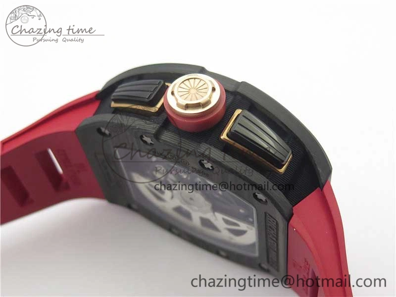RM011 Carbon Case Carbon Bezel Chronograph KVF 1:1 Best Edition Skeleton Dial Red RG on Red Rubber Strap A7750 V2