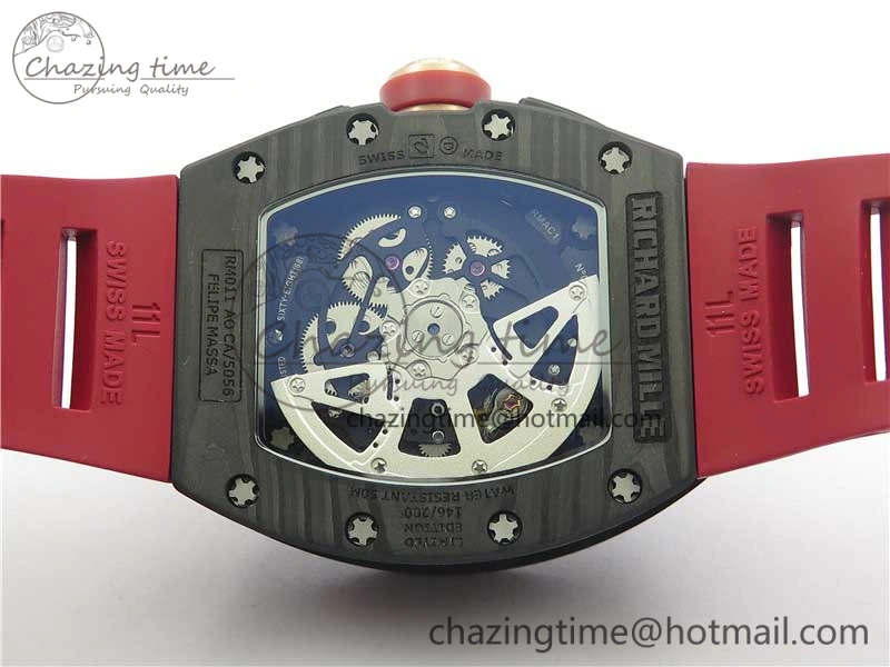 RM011 Carbon Case Carbon Bezel Chronograph KVF 1:1 Best Edition Skeleton Dial Red RG on Red Rubber Strap A7750 V2