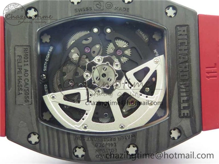 RM011 Carbon Case Carbon Bezel Chronograph KVF 1:1 Best Edition Skeleton Dial Red RG on Red Rubber Strap A7750 V2