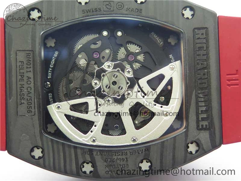 RM011 Carbon Case Carbon Bezel Chronograph KVF 1:1 Best Edition Skeleton Dial Red RG on Red Rubber Strap A7750 V2