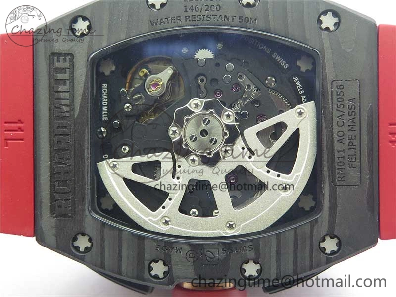 RM011 Carbon Case Carbon Bezel Chronograph KVF 1:1 Best Edition Skeleton Dial Red RG on Red Rubber Strap A7750 V2