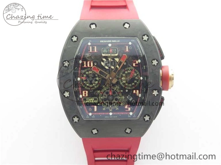 RM011 Carbon Case Carbon Bezel Chronograph KVF 1:1 Best Edition Skeleton Dial Red RG on Red Rubber Strap A7750 V2