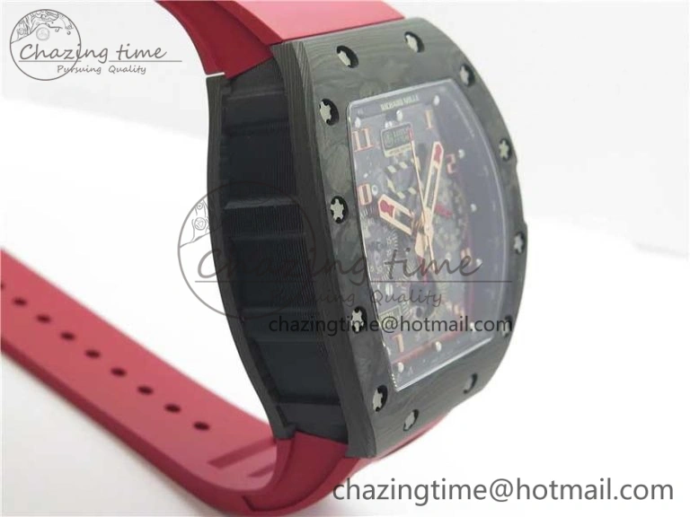 RM011 Carbon Case Carbon Bezel Chronograph KVF 1:1 Best Edition Skeleton Dial Red RG on Red Rubber Strap A7750 V2