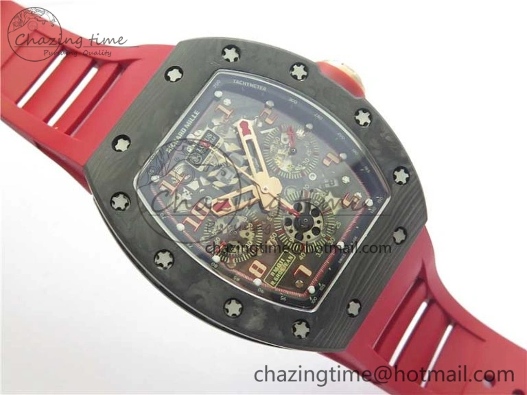 RM011 Carbon Case Carbon Bezel Chronograph KVF 1:1 Best Edition Skeleton Dial Red RG on Red Rubber Strap A7750 V2