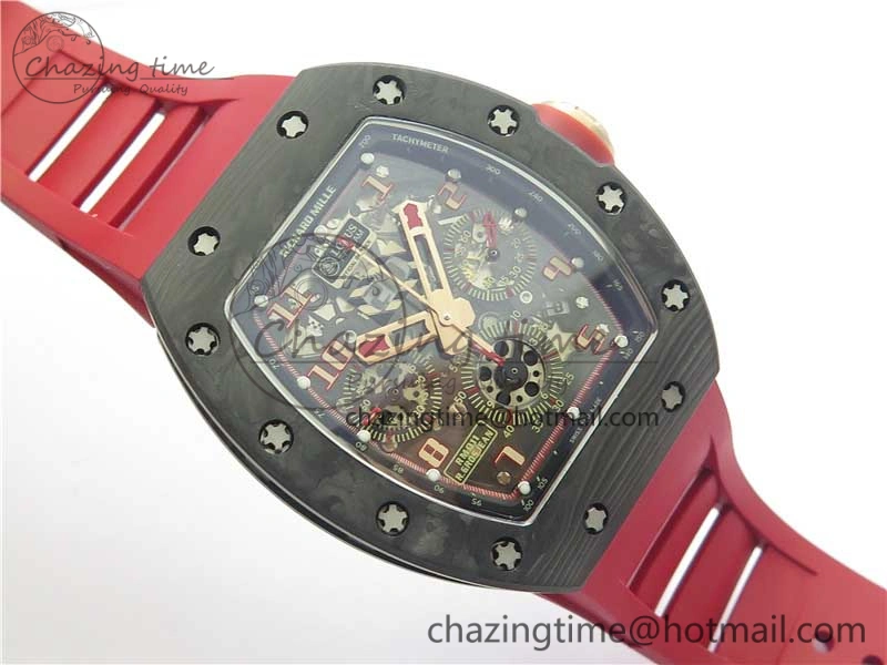 RM011 Carbon Case Carbon Bezel Chronograph KVF 1:1 Best Edition Skeleton Dial Red RG on Red Rubber Strap A7750 V2