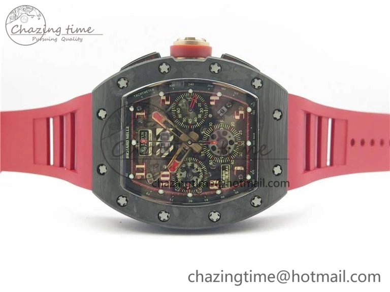 RM011 Carbon Case Carbon Bezel Chronograph KVF 1:1 Best Edition Skeleton Dial Red RG on Red Rubber Strap A7750 V2