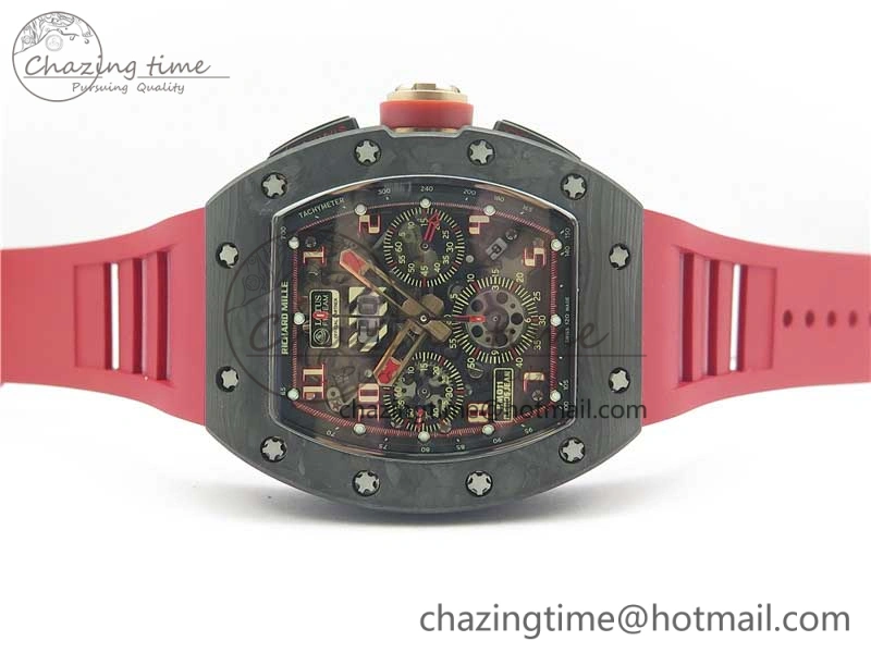RM011 Carbon Case Carbon Bezel Chronograph KVF 1:1 Best Edition Skeleton Dial Red RG on Red Rubber Strap A7750 V2