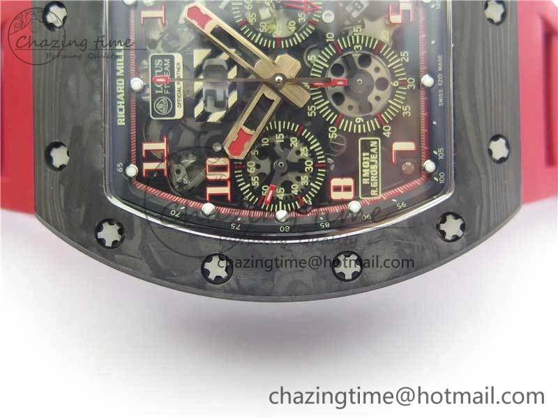RM011 Carbon Case Carbon Bezel Chronograph KVF 1:1 Best Edition Skeleton Dial Red RG on Red Rubber Strap A7750 V2