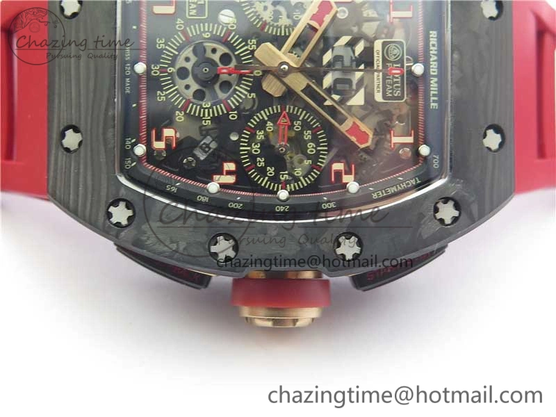 RM011 Carbon Case Carbon Bezel Chronograph KVF 1:1 Best Edition Skeleton Dial Red RG on Red Rubber Strap A7750 V2