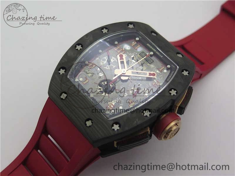 RM011 Carbon Case Carbon Bezel Chronograph KVF 1:1 Best Edition Skeleton Dial Red RG on Red Rubber Strap A7750 V2