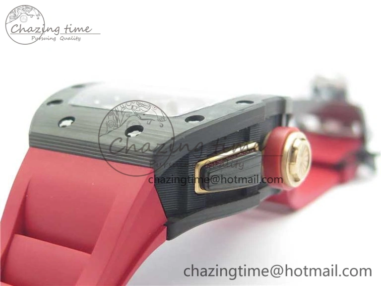 RM011 Carbon Case Carbon Bezel Chronograph KVF 1:1 Best Edition Skeleton Dial Red RG on Red Rubber Strap A7750 V2