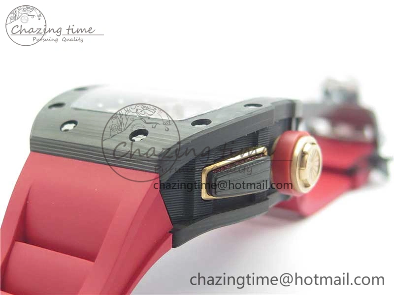 RM011 Carbon Case Carbon Bezel Chronograph KVF 1:1 Best Edition Skeleton Dial Red RG on Red Rubber Strap A7750 V2