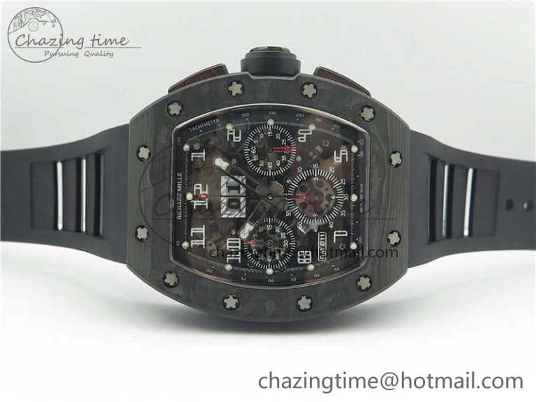 RM011 Carbon Case Carbon Bezel Chronograph KVF 1:1 Best Edition Skeleton Dial on Black Rubber Strap A7750