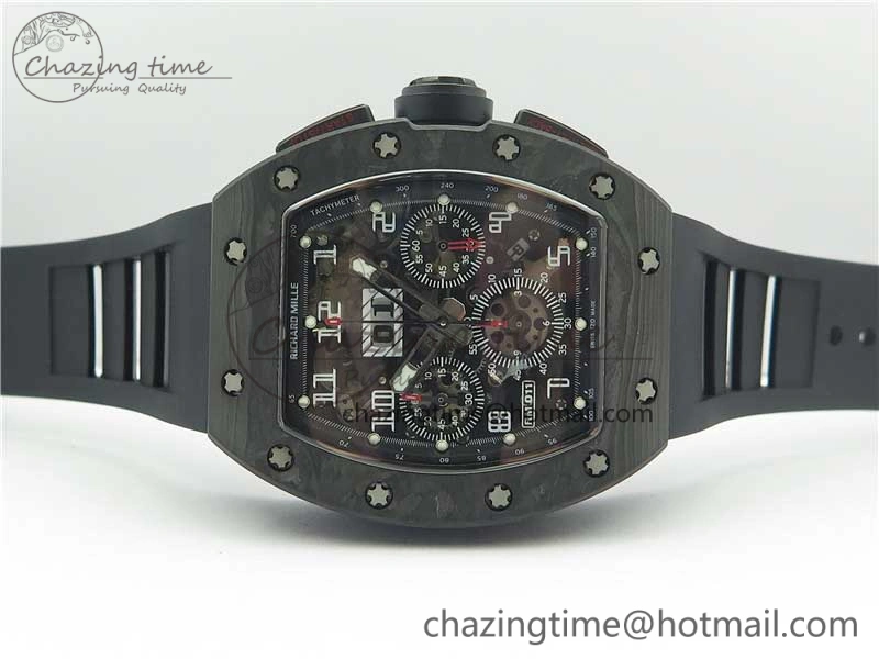 RM011 Carbon Case Carbon Bezel Chronograph KVF 1:1 Best Edition Skeleton Dial on Black Rubber Strap A7750