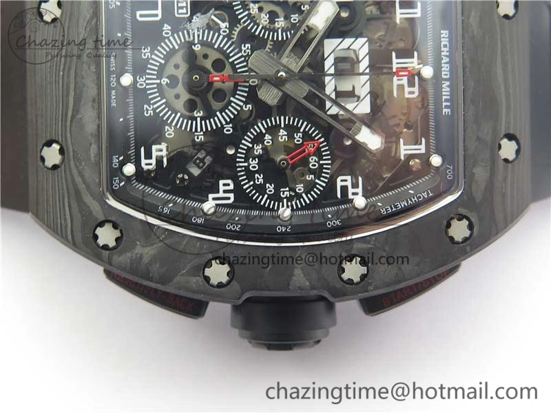 RM011 Carbon Case Carbon Bezel Chronograph KVF 1:1 Best Edition Skeleton Dial on Black Rubber Strap A7750