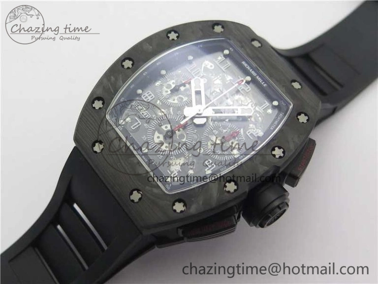 RM011 Carbon Case Carbon Bezel Chronograph KVF 1:1 Best Edition Skeleton Dial on Black Rubber Strap A7750