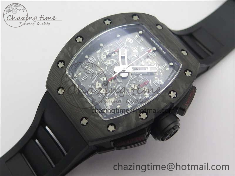 RM011 Carbon Case Carbon Bezel Chronograph KVF 1:1 Best Edition Skeleton Dial on Black Rubber Strap A7750