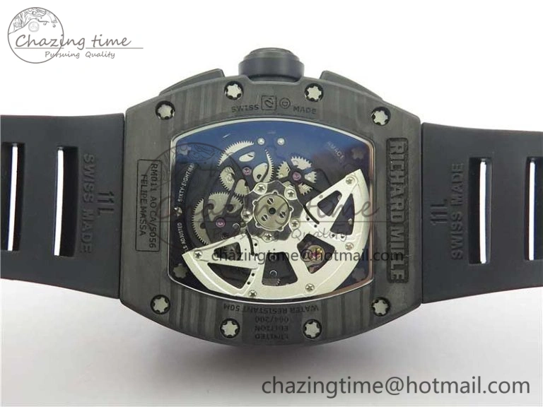 RM011 Carbon Case Carbon Bezel Chronograph KVF 1:1 Best Edition Skeleton Dial on Black Rubber Strap A7750